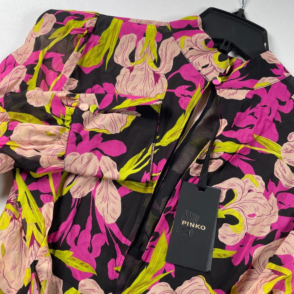 Pinko Rivelatore Blusa Floral Georgette Keyhole Wrap Top Multi Nero Size 42 NEW